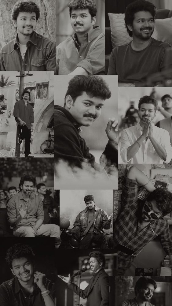 Thalapathy Vijay Movie Moments Black & White Collage