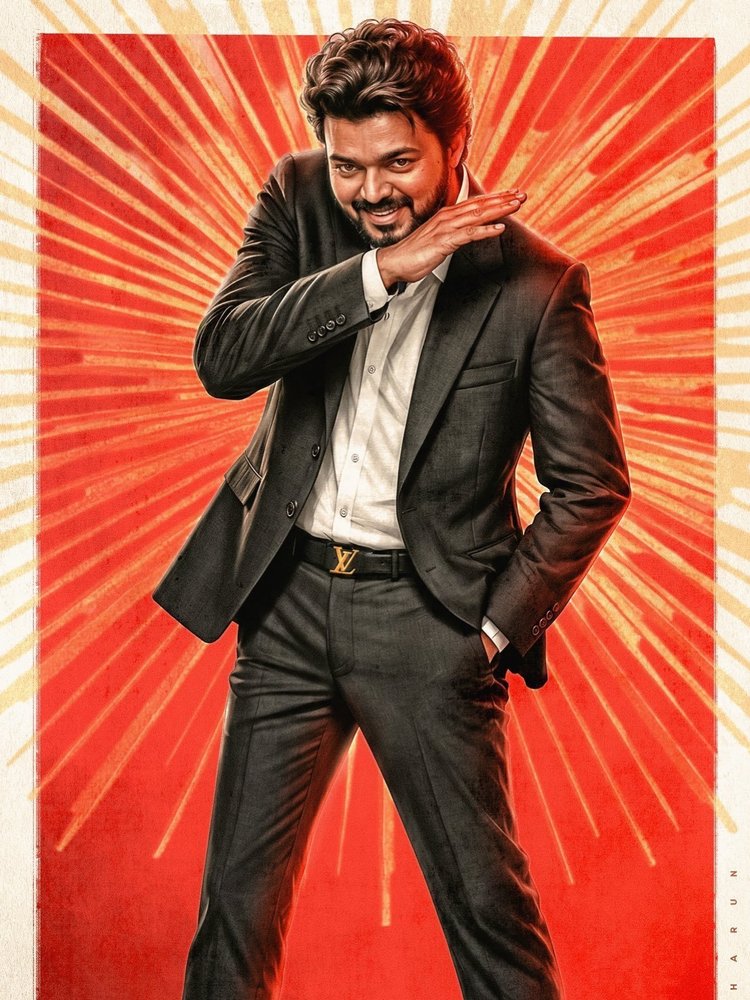 Thalapathy Vijay Red Sunburst Stylish Wallpaper